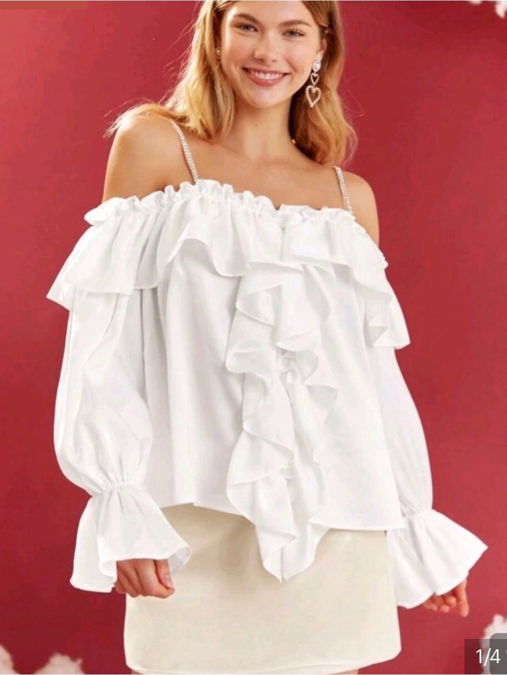 White Off-Shoulder Ruffle Blouse with Long Sleeves